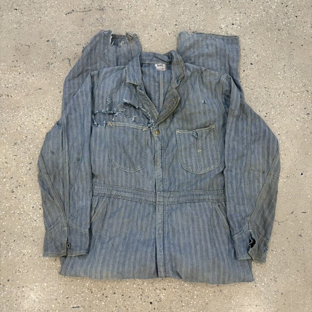 Vintage 50s Lee Long L Blue HBT Workwear Coveralls 38x30